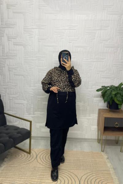 Leopar Desenli Tesettür Eşofman Takımı Siyah
